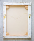A picture of the back of Follow Jesus  painting canvas with hangers and written title by Martin Buckwell