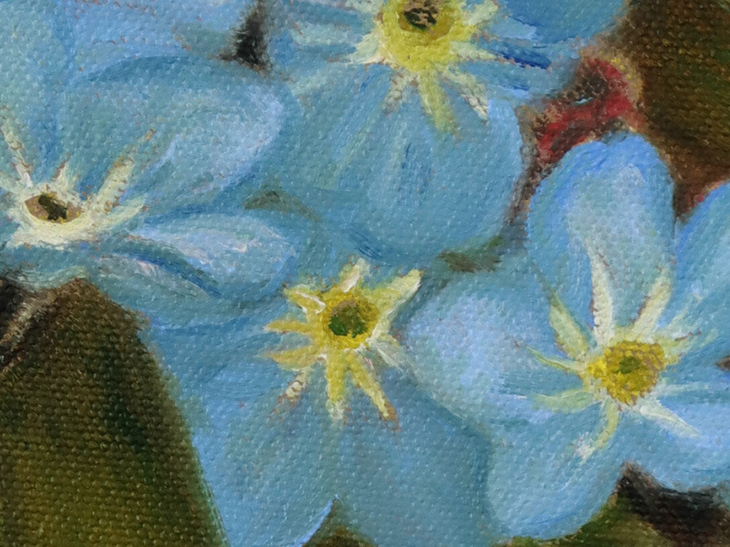 A close up of an oil painting of Forget me Nots by Martin Buckwell