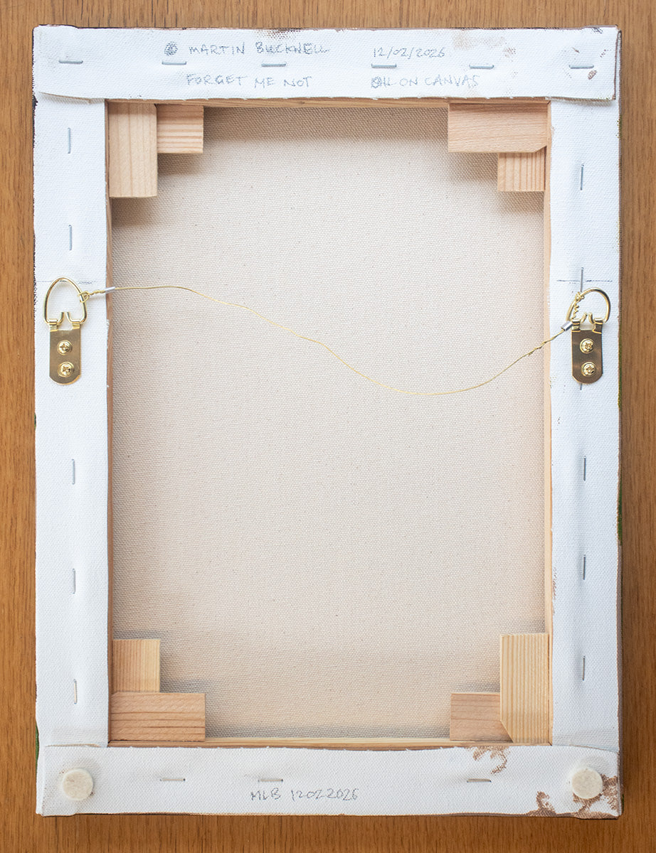 A picture of the back of Forget me Not  painting canvas with hangers and written title by Martin Buckwell