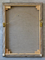 A picture of the back of Give to Receive painting canvas with hangers and written title by Martin Buckwell
