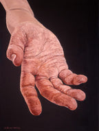An intimate 30 x 40 cm contemporary realism oil painting study of the human hand. Through dramatic magnification and warm lighting, this highly textured painting is about the balance of both letting go and being open to receive, by Martin Buckwell