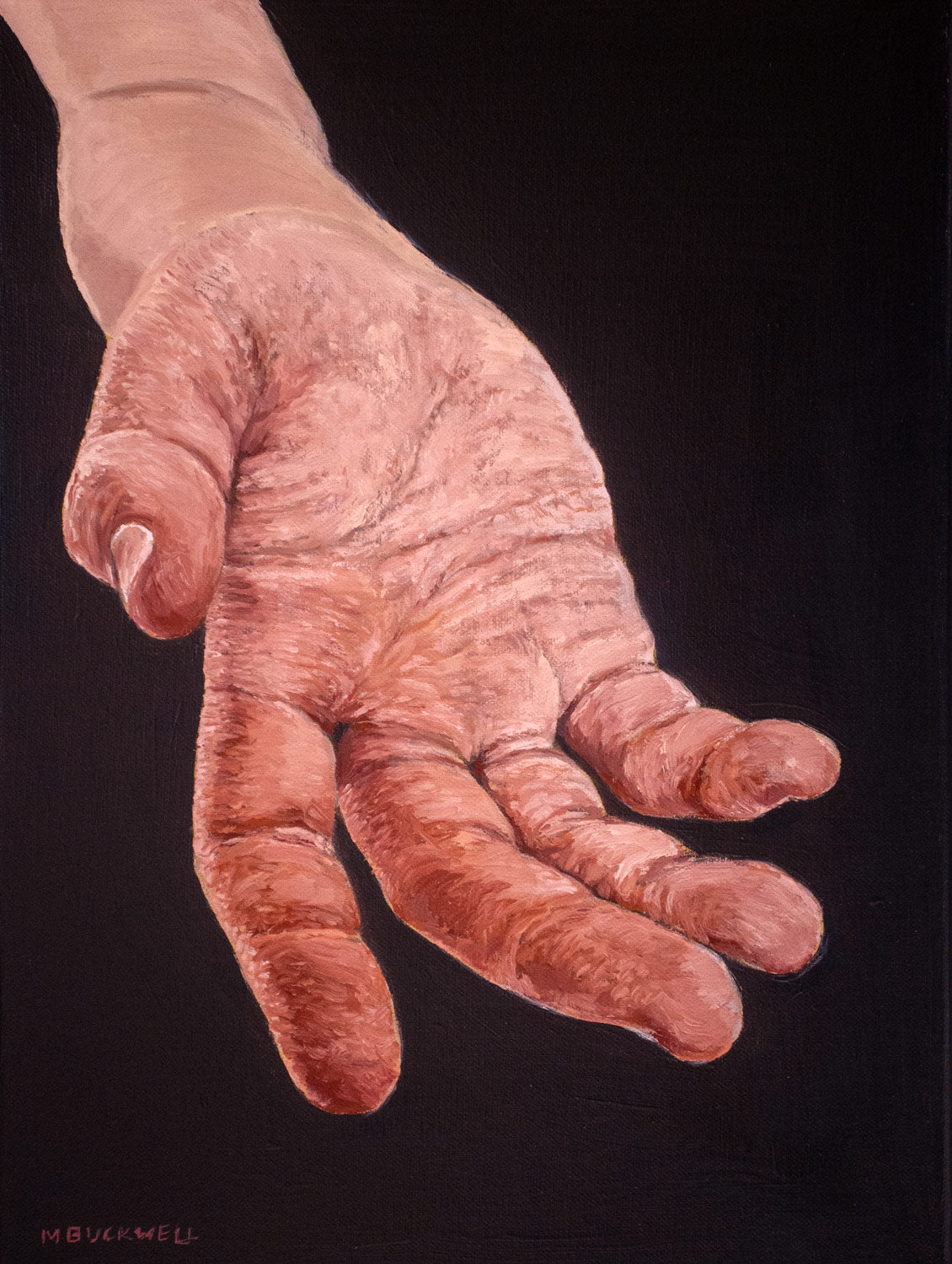An intimate 30 x 40 cm contemporary realism oil painting study of the human hand. Through dramatic magnification and warm lighting, this highly textured painting is about the balance of both letting go and being open to receive, by Martin Buckwell