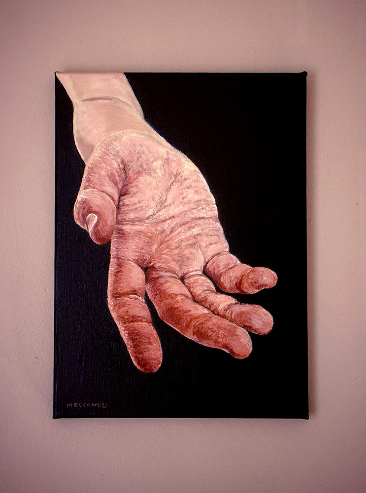 A photograph of my oil painting canvas, 30 x 40 cm  called Give to receive, shown hanging on a wall, by Martin Buckwell.