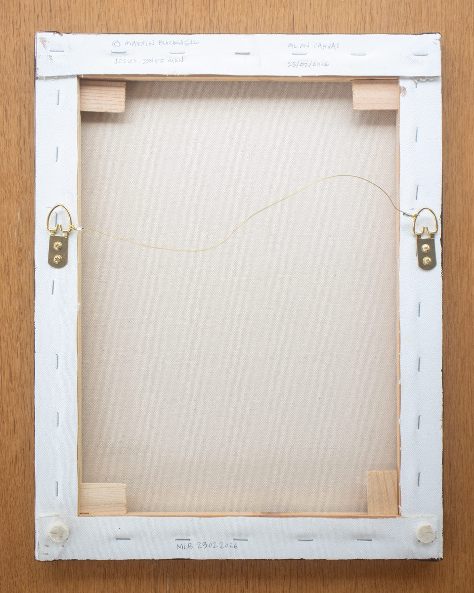 A picture of the back of Jesus Son of man painting canvas with hangers and written title by Martin Buckwell