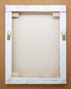 A picture of the back of Jesus Son of man painting canvas with hangers and written title by Martin Buckwell