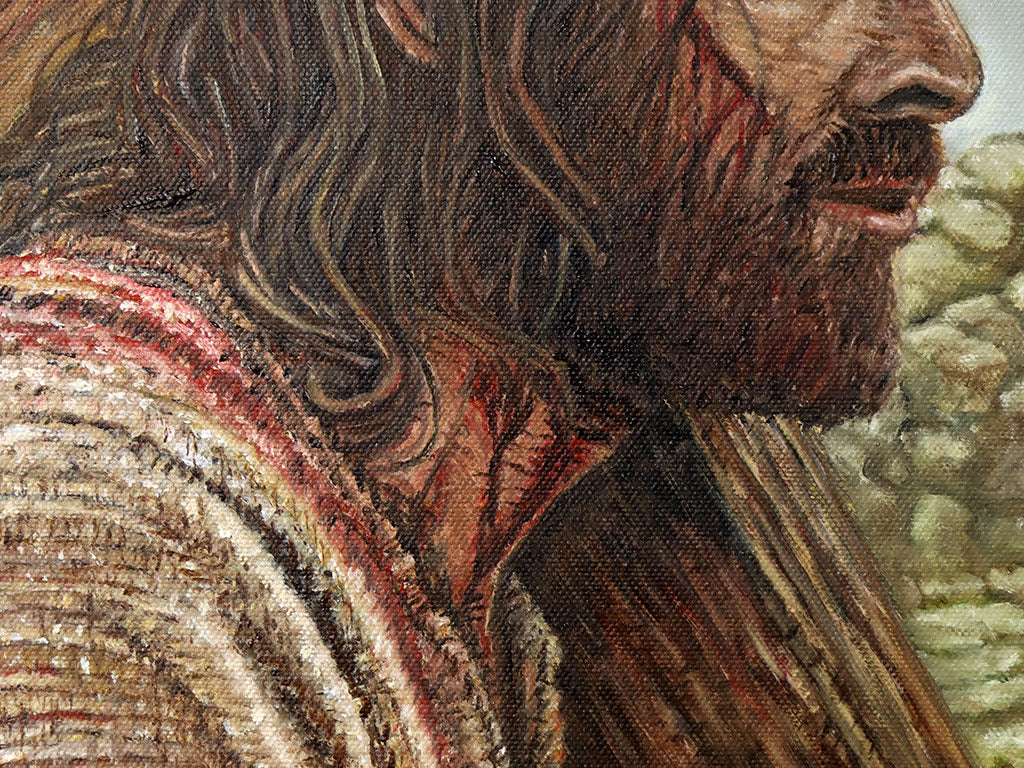 Close up of an oil painting detail by Martin Buckwell, this small oil painting shows Jesus Christ bearing the cross, inspired by Jim Caviezel's portrayal of Jesus in the 2004 biblical drama film The Passion of the Christ.
