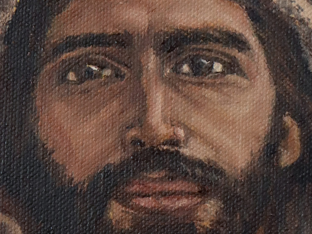 A Close up detail of a painting of a historically accurate Jesus Christ, to show it is a real painting