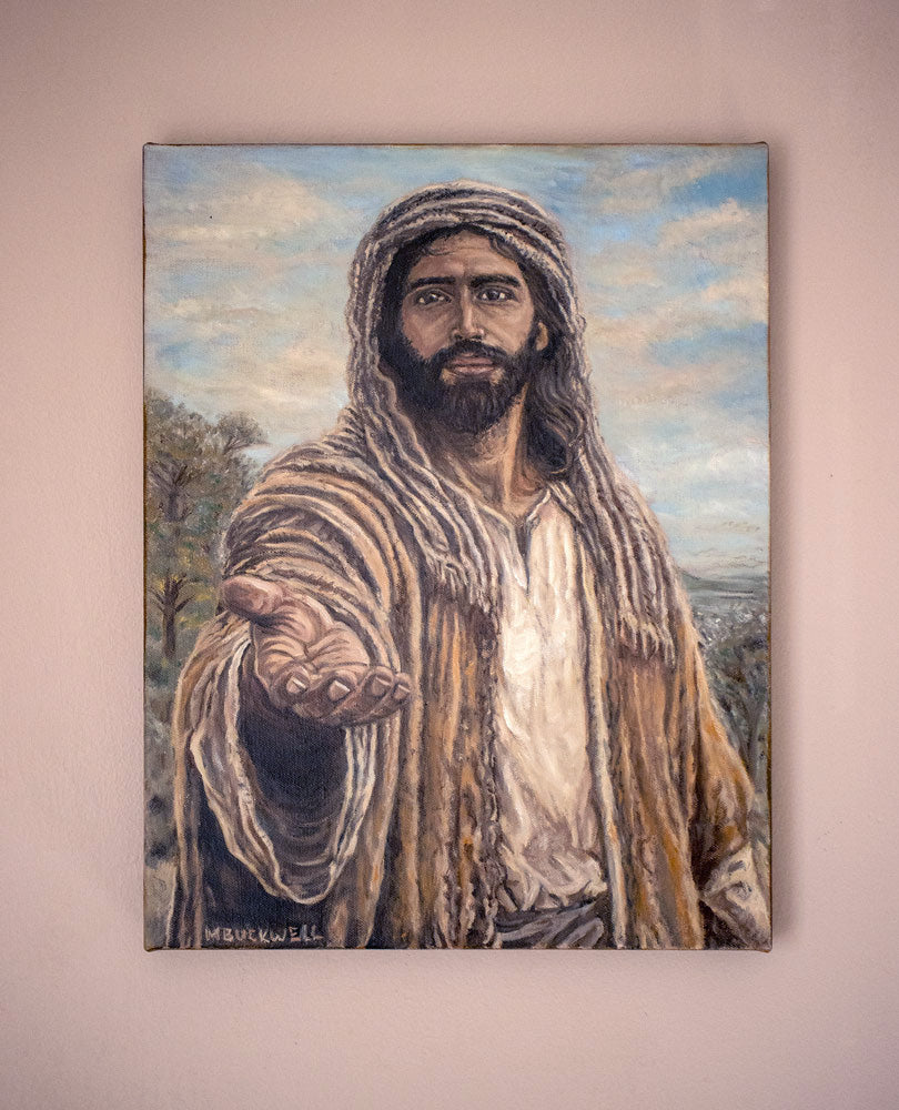 A photograph of a painting of a historically accurate Jesus Christ inviting you to Follow Him by Martin Buckwell. Photographed hanging on a wall 