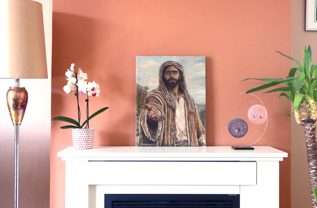 The second in a series of paintings of a historically accurate Jesus Christ inviting you to Follow Him. Photographed on a mantlepiece at my house