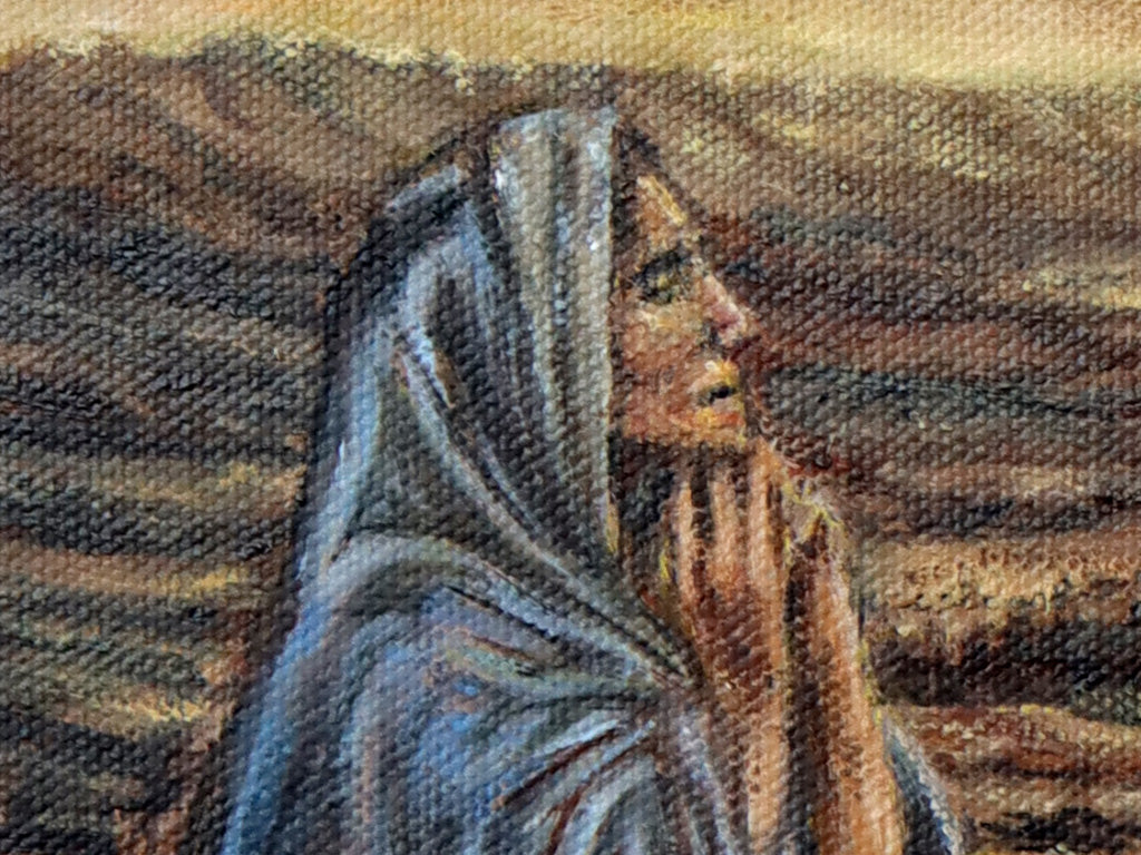 A close up detail of a painting of The Virgin Mary in an original oil painting depicting the Crucifixion of Jesus Christ on Calvary in a contemporary religious realism style.