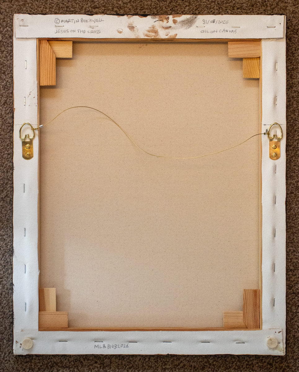 A picture of the back of Jesus on the Cross painting canvas with hangers and written title by Martin Buckwell