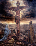 An original oil painting depicting the Crucifixion of Jesus Christ on Calvary in a contemporary religious realism style. This oil on canvas painting is of the Crucifixion of Jesus Christ, a thematic continuation to the close-up portrait of Jesus carrying the cross. 