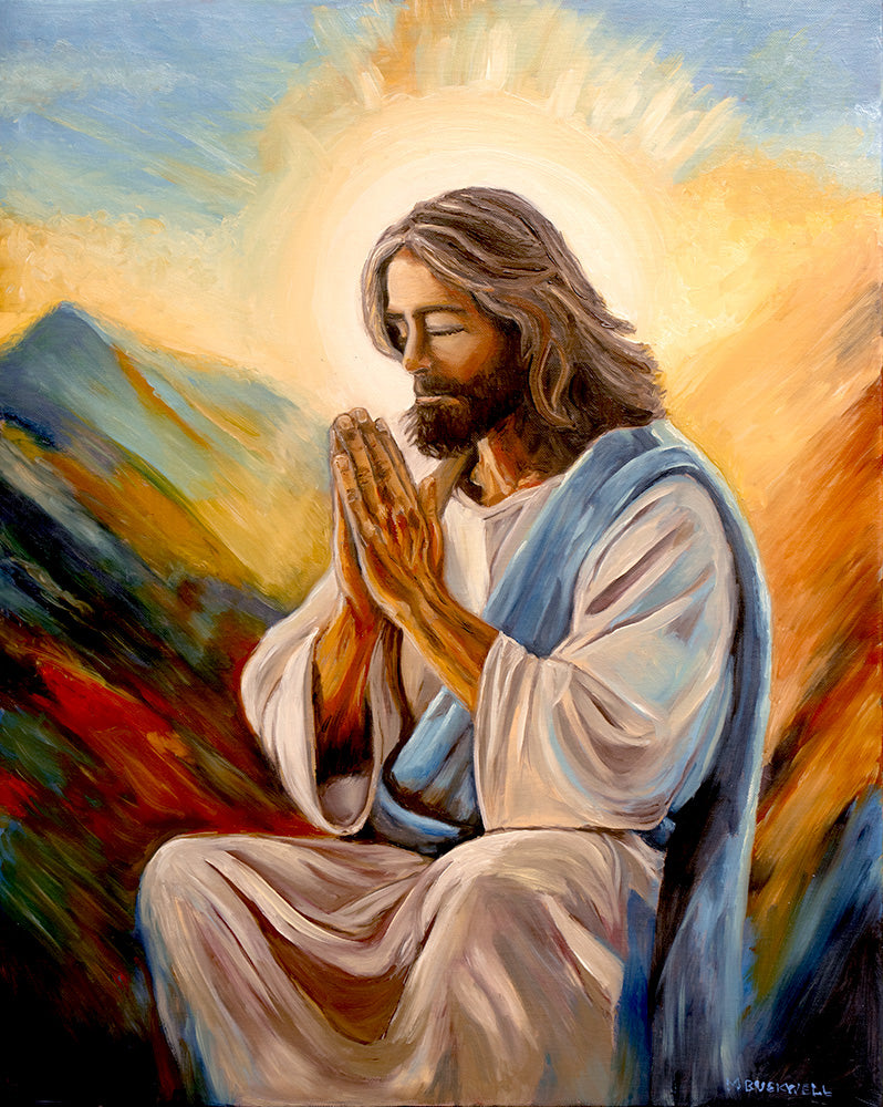 A painting of Jesus praying on the mountain, by Martin Buckwell, with an expressive Color Palette and Impressionistic style brushwork. Also known as Modern Devotional Realism. 