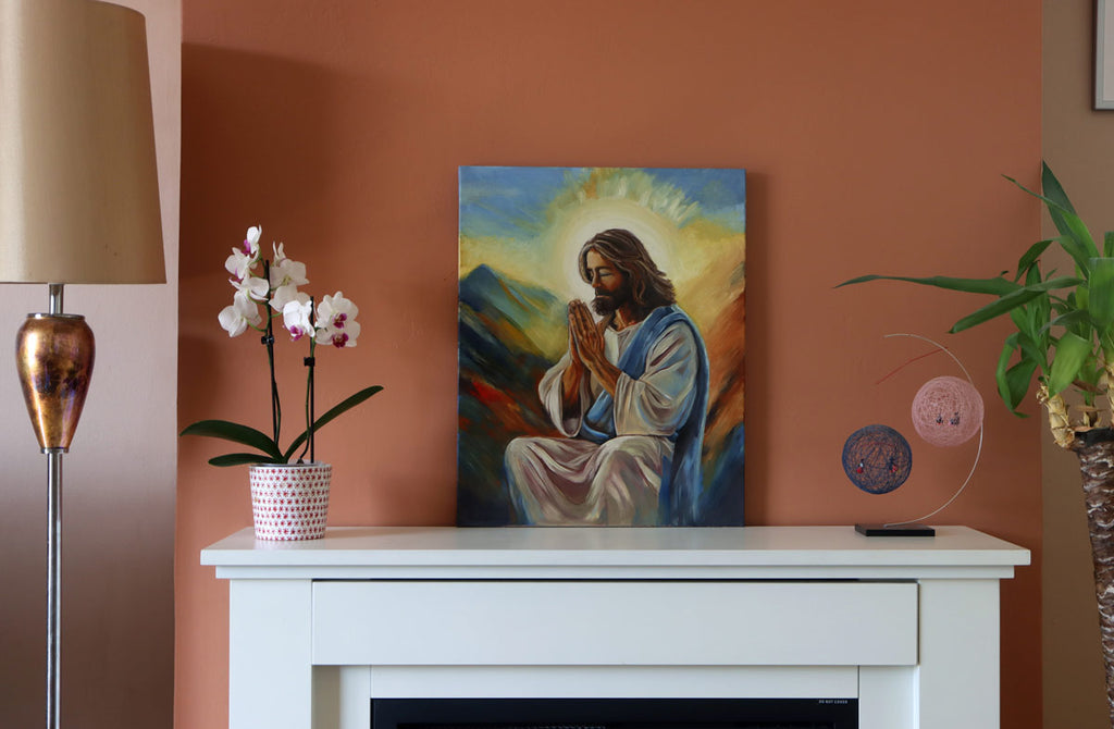A photograph of the painting of Jesus praying on the mountain, by Martin Buckwell, on our home mantlepiece, to show size and scale with an expressive Color Palette and Impressionistic style brushwork. 