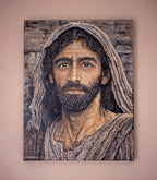 A real photograph of an original oil painting of a Historically accurate Jesus portrait hanging on a wall by Martin Buckwell