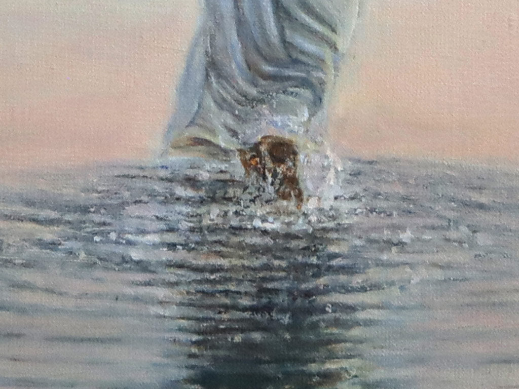 A close up detail of the brush work and texture in a large original oil painting of Jesus walking on water in a serene, luminous realism style. 