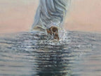 A close up detail of the brush work and texture in a large original oil painting of Jesus walking on water in a serene, luminous realism style. 