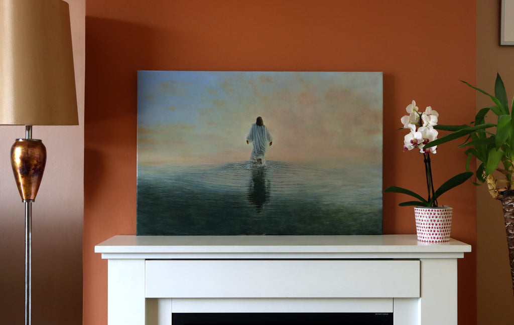 A real photograph of a large original oil painting of Jesus walking on water in a serene, luminous realism style, take on our mantlepiece at home