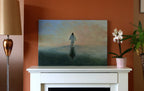 A real photograph of a large original oil painting of Jesus walking on water in a serene, luminous realism style, take on our mantlepiece at home