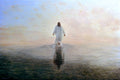 A large original oil painting of Jesus walking on water in a serene, luminous realism style. Jesus is stepping across a calm sea, leading the way, leaving a long reflection in the glassy water as he walks toward a peaceful dawn sky filled with soft pastel light.