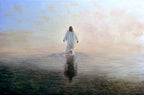A large original oil painting of Jesus walking on water in a serene, luminous realism style. Jesus is stepping across a calm sea, leading the way, leaving a long reflection in the glassy water as he walks toward a peaceful dawn sky filled with soft pastel light.