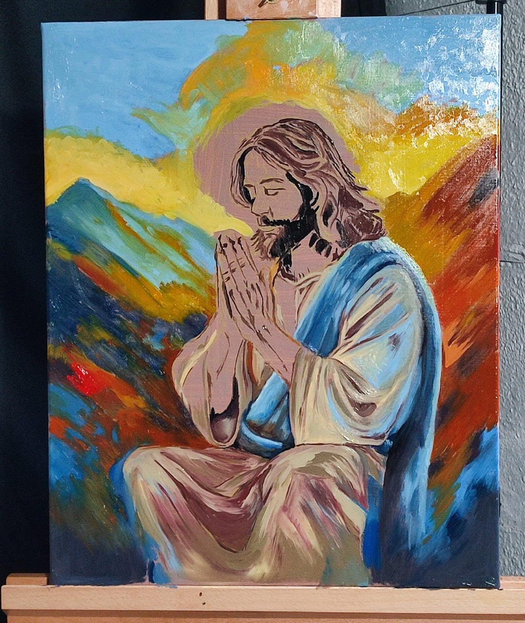 A picture of the painting in process of a original oil painting of Jesus praying on the mountain by Martin Buckwell