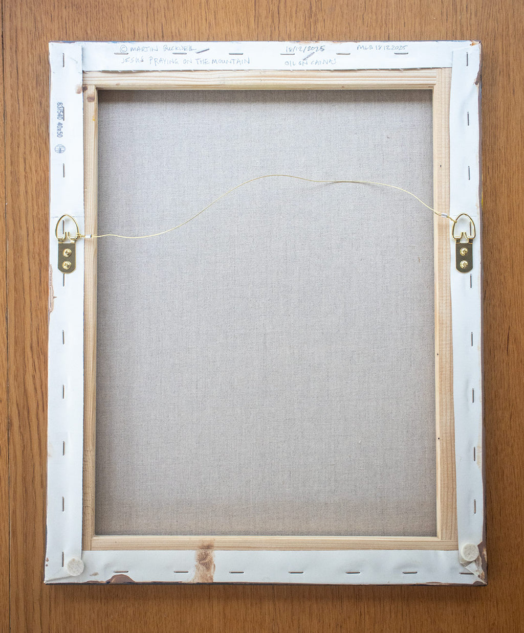 A picture of the back of Jesus on the mountain painting canvas with hangers and written title by Martin Buckwell