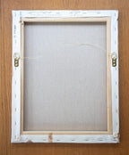 A picture of the back of Jesus on the mountain painting canvas with hangers and written title by Martin Buckwell