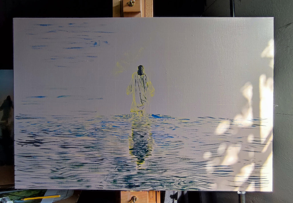 A picture of the painting in process of a large original oil painting of Jesus walking on water by Martin Buckwell
