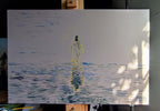 A picture of the painting in process of a large original oil painting of Jesus walking on water by Martin Buckwell