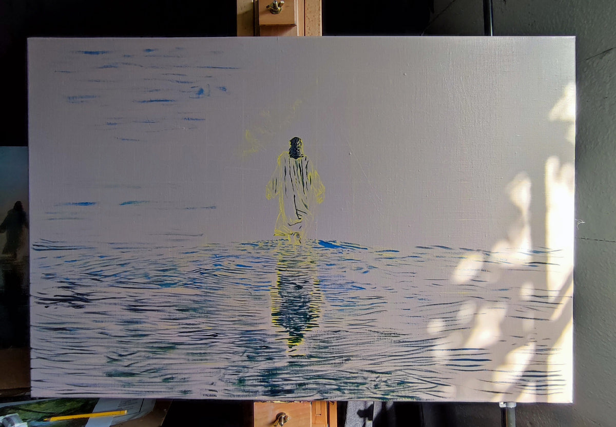 A picture of the painting in process of a large original oil painting of Jesus walking on water by Martin Buckwell