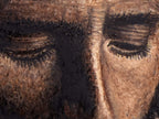 A close up detail of an Original oil painting of Jesus with the lost sheep, 50 × 60 cm on linen-treated canvas by Martin Buckwell.