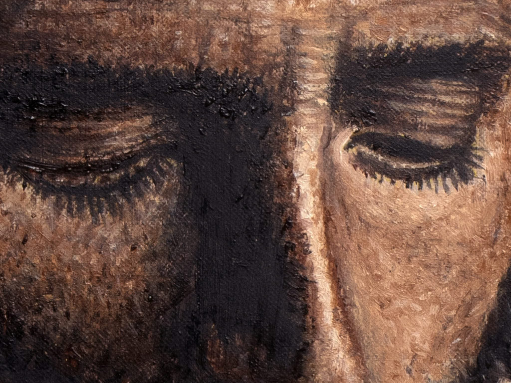 A close up detail of an Original oil painting of Jesus with the lost sheep, 50 × 60 cm on linen-treated canvas by Martin Buckwell.