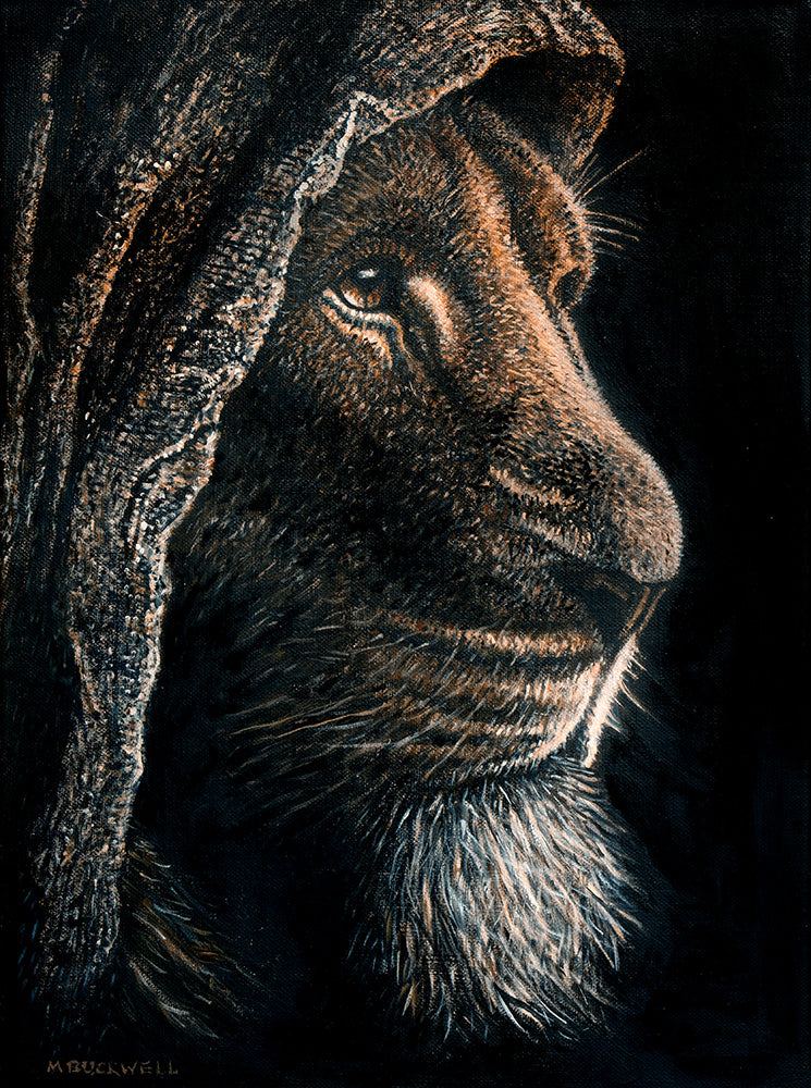 Original oil painting of the Lion of Judah, 30 × 40 cm on linen-treated canvas by Martin Buckwell.
