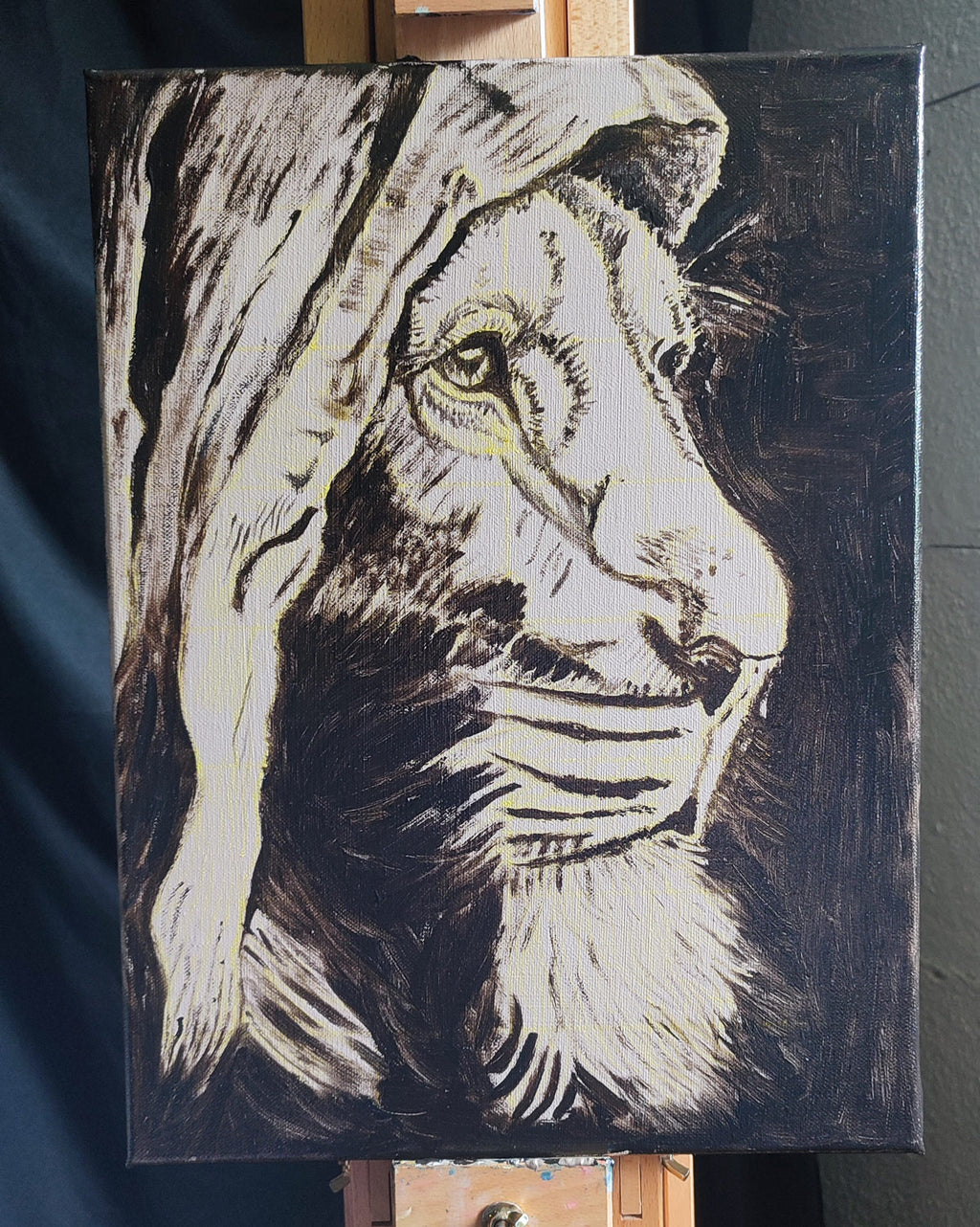 A picture in process of my Original oil painting of the Lion of Judah, 30 × 40 cm on linen-treated canvas by Martin Buckwell.