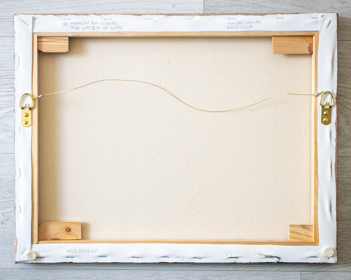 A picture of the back of The Living Water painting canvas with hangers and written title by Martin Buckwell