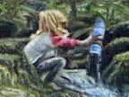 A detail of an original oil painting of my daughter filling a bottle of water from a waterfall in the mountains, in Bulgaria by Martin Buckwell