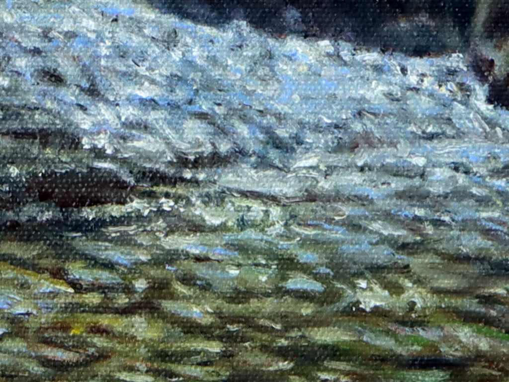 A detail of an original oil painting of my daughter filling a bottle of water from a waterfall in the mountains, in Bulgaria by Martin Buckwell