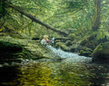 An original oil painting of my daughter filling a bottle of water from a waterfall in the mountains, in Bulgaria, by Martin Buckwell