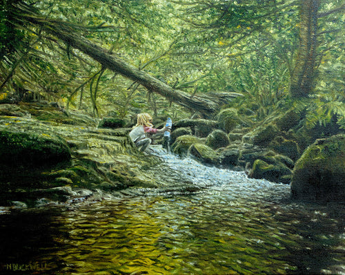 An original oil painting of my daughter filling a bottle of water from a waterfall in the mountains, in Bulgaria, by Martin Buckwell