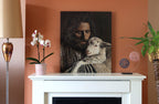 A real photograph of an Original oil painting of Jesus with the lost sheep, 50 × 60 cm on linen-treated canvas by Martin Buckwell. Shown for context of size