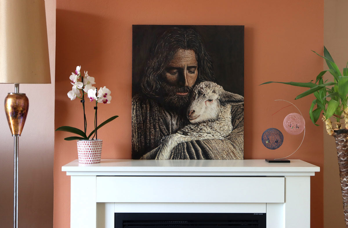 A real photograph of an Original oil painting of Jesus with the lost sheep, 50 × 60 cm on linen-treated canvas by Martin Buckwell. Shown for context of size