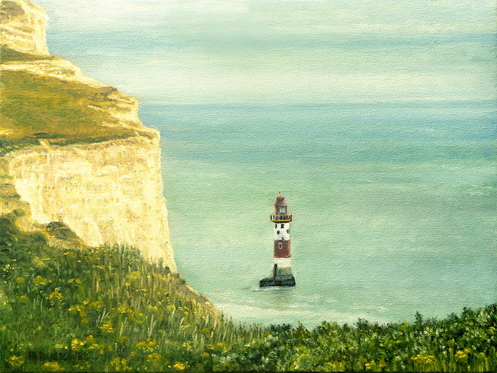 An original oil painting 40 x 30cm  of the view at Beachy Head of the white chalk cliffs in Spring time, by Martin Buckwell