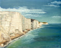 An oil painting of the White Cliffs of Dover meeting the sea, with textured brushstrokes in blue sky and sea, and off-white cliffs. 30 x 24cm, by Martin Buckwell