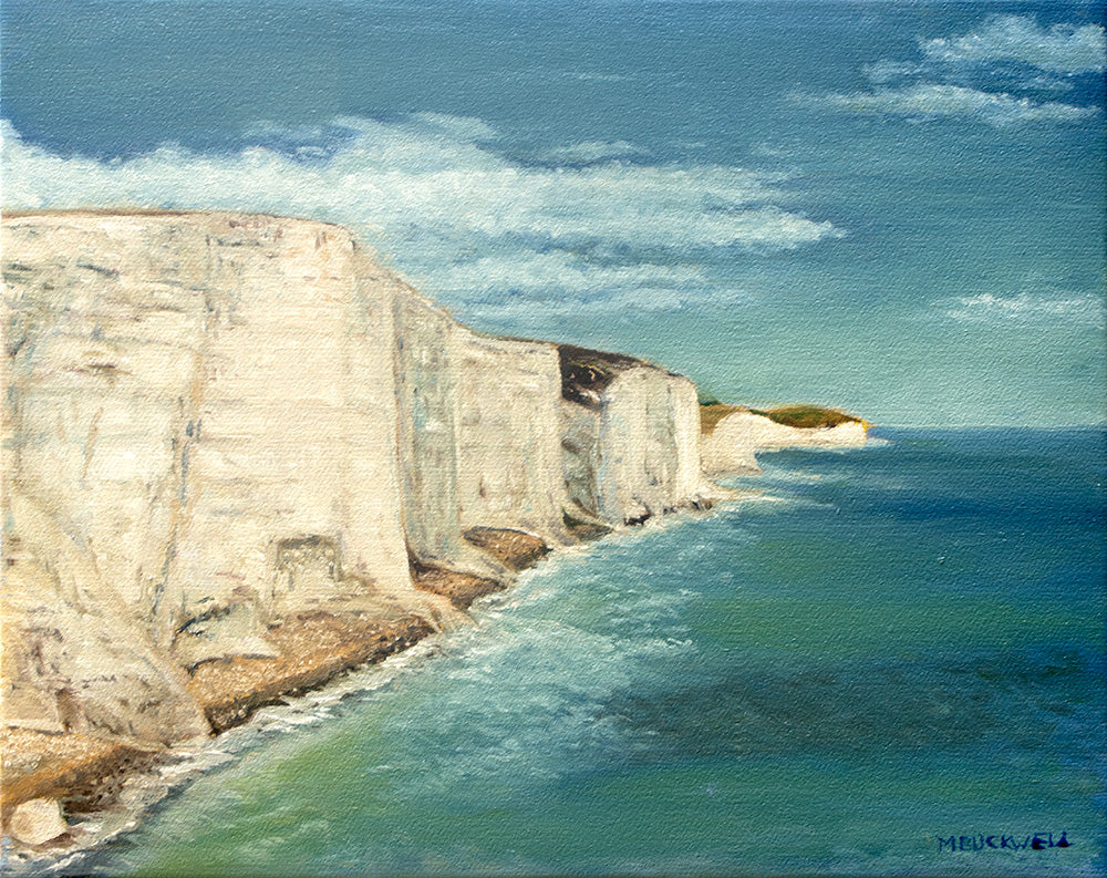 An oil painting of the White Cliffs of Dover meeting the sea, with textured brushstrokes in blue sky and sea, and off-white cliffs. 30 x 24cm, by Martin Buckwell