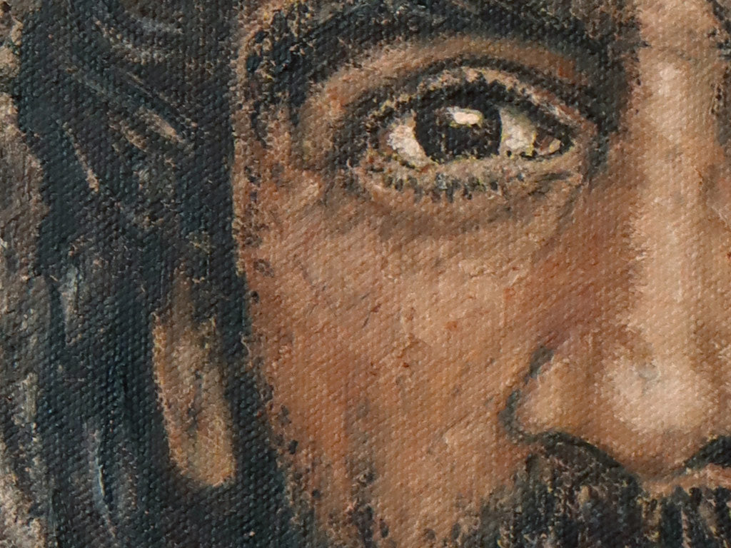A close up detail of an original oil painting of a Historically accurate Jesus portrait in the streets of Capernaum, by Martin Buckwell