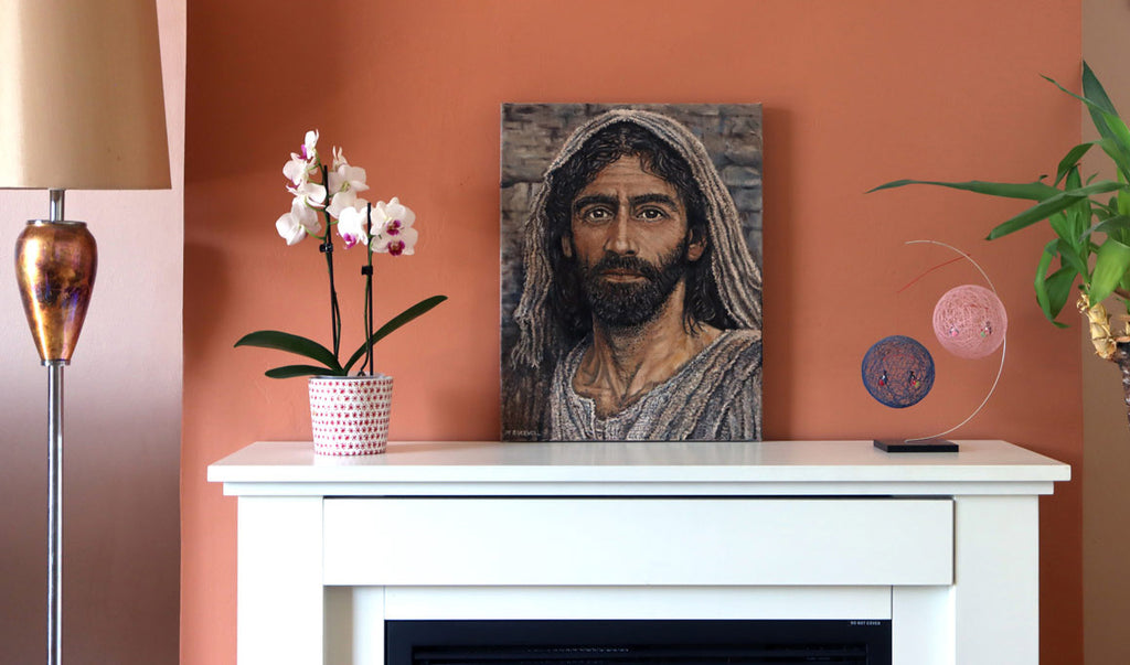A real photograph of an original oil painting of a Historically accurate Jesus portrait on our mantlepiece