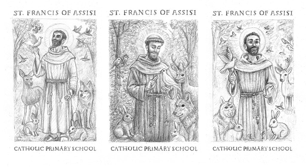 Sketched ideas for the painting of a Sold Commission for The St Francis of Assisi, Catholic Primary School by Martin Buckwell