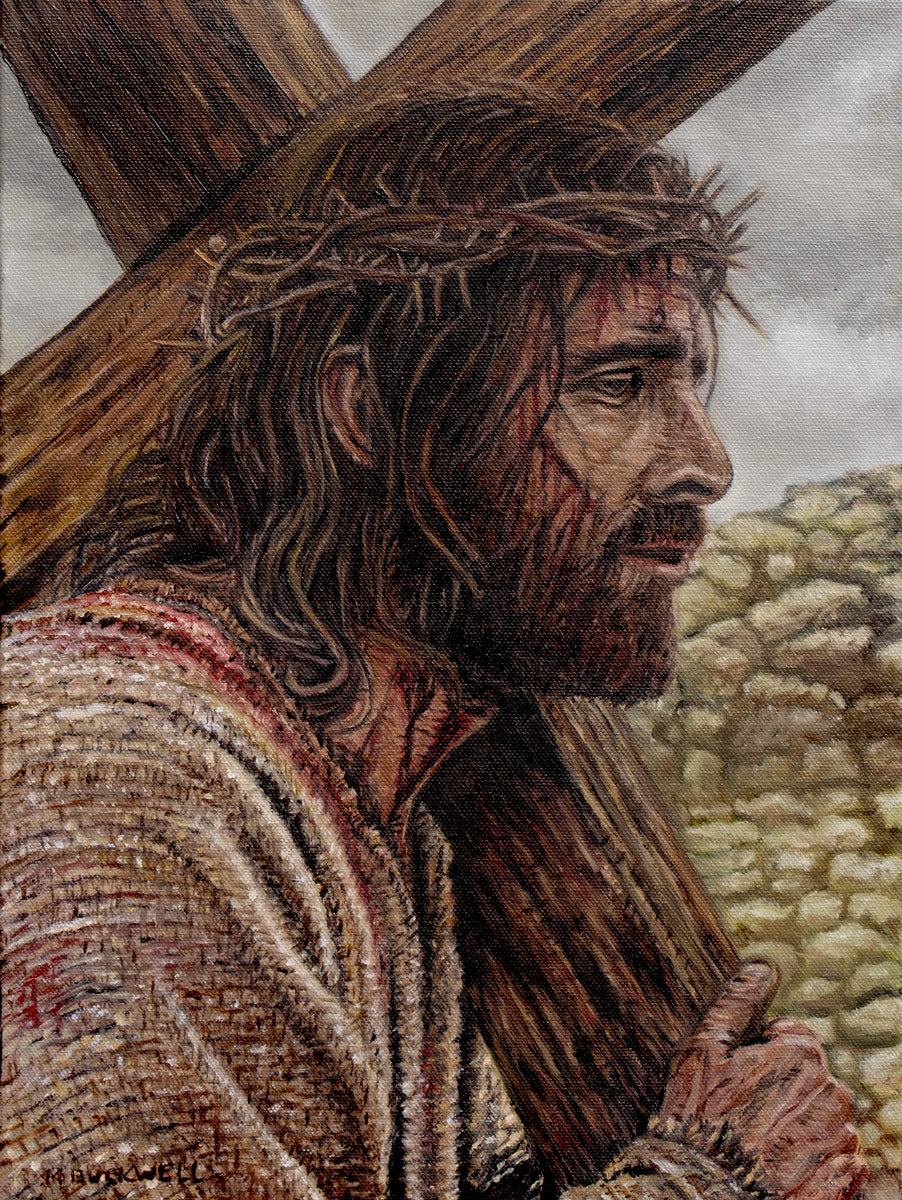 This small oil painting shows Jesus Christ bearing the cross, inspired by Jim Caviezel's portrayal of Jesus in the 2004 biblical drama film The Passion of the Christ.