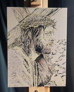 A work in progress picture of an oil painting shows Jesus Christ bearing the cross,by Martin Buckwell